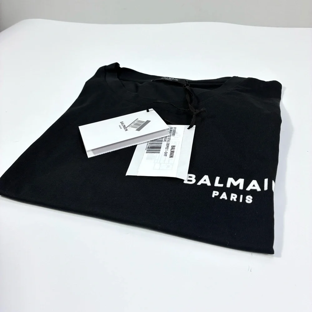 Balmain Cropped Eco-Designed Cotton T-Shirt Tee Flocked Logo Black XL NWT - Picture 10 of 14